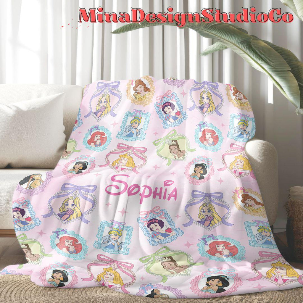 Personalized Coquette Bow Disney Princess Blanket, Cinderella Princess Rapunzel Birthday Girl Gift Home Decor, Custom Name Baby Girl Blanket