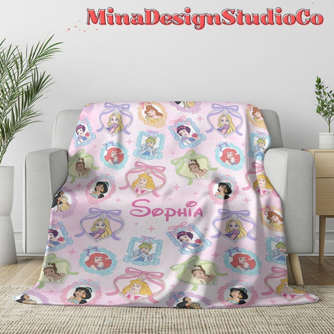 Personalized Coquette Bow Disney Princess Blanket, Cinderella Princess Rapunzel Birthday Girl Gift Home Decor, Custom Name Baby Girl Blanket