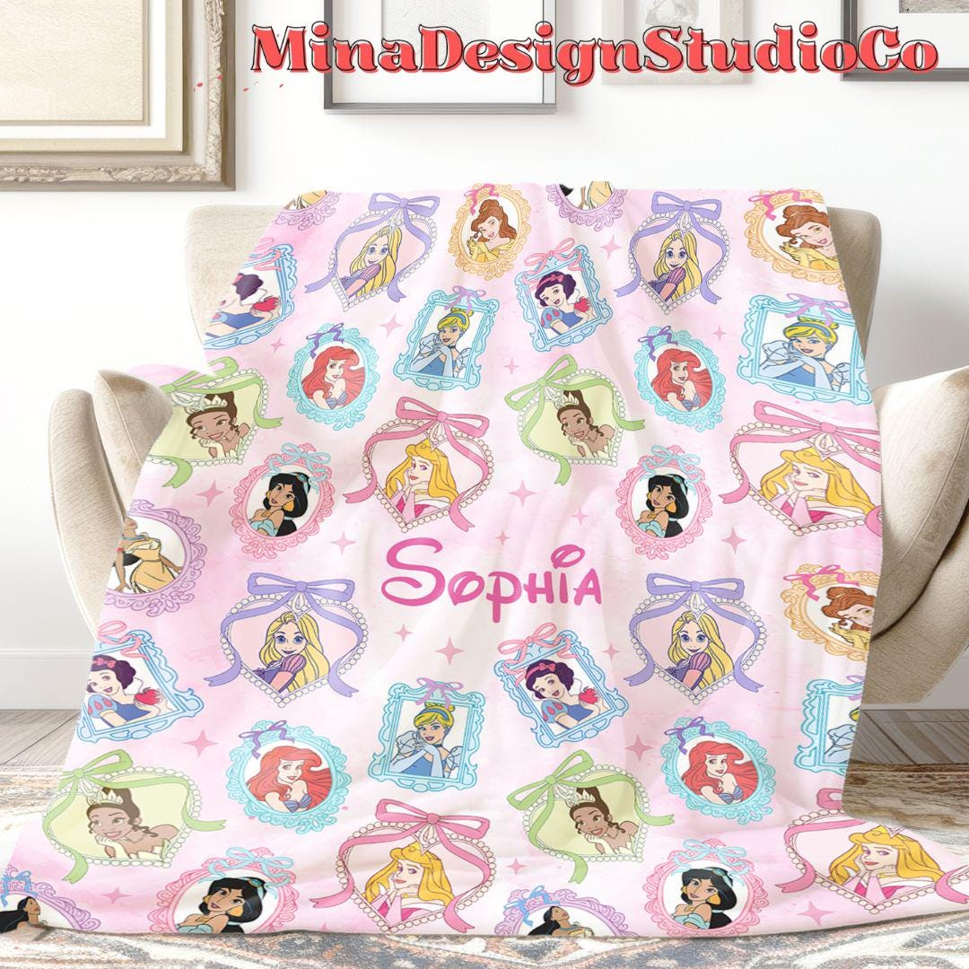 Personalized Coquette Bow Disney Princess Blanket, Cinderella Princess Rapunzel Birthday Girl Gift Home Decor, Custom Name Baby Girl Blanket