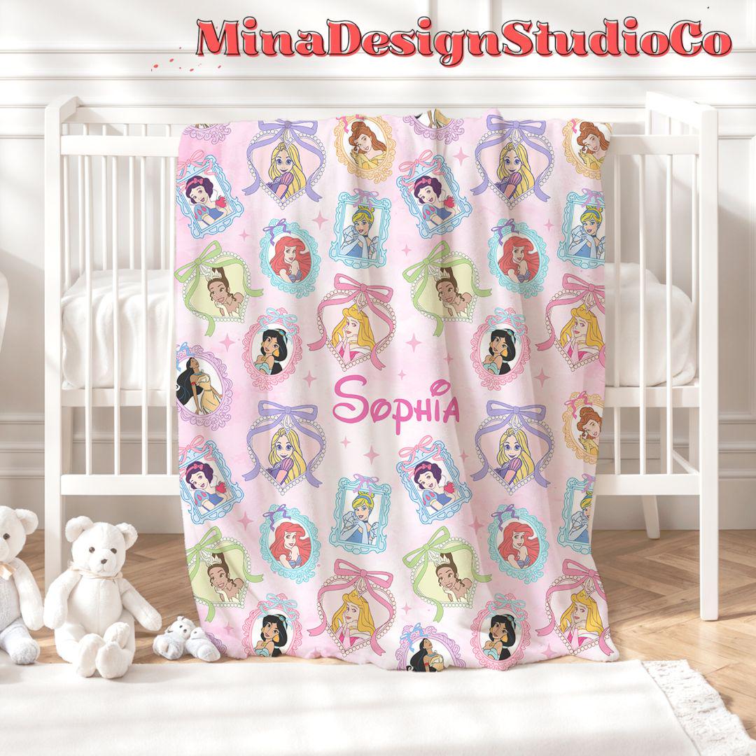 Personalized Coquette Bow Disney Princess Blanket, Cinderella Princess Rapunzel Birthday Girl Gift Home Decor, Custom Name Baby Girl Blanket
