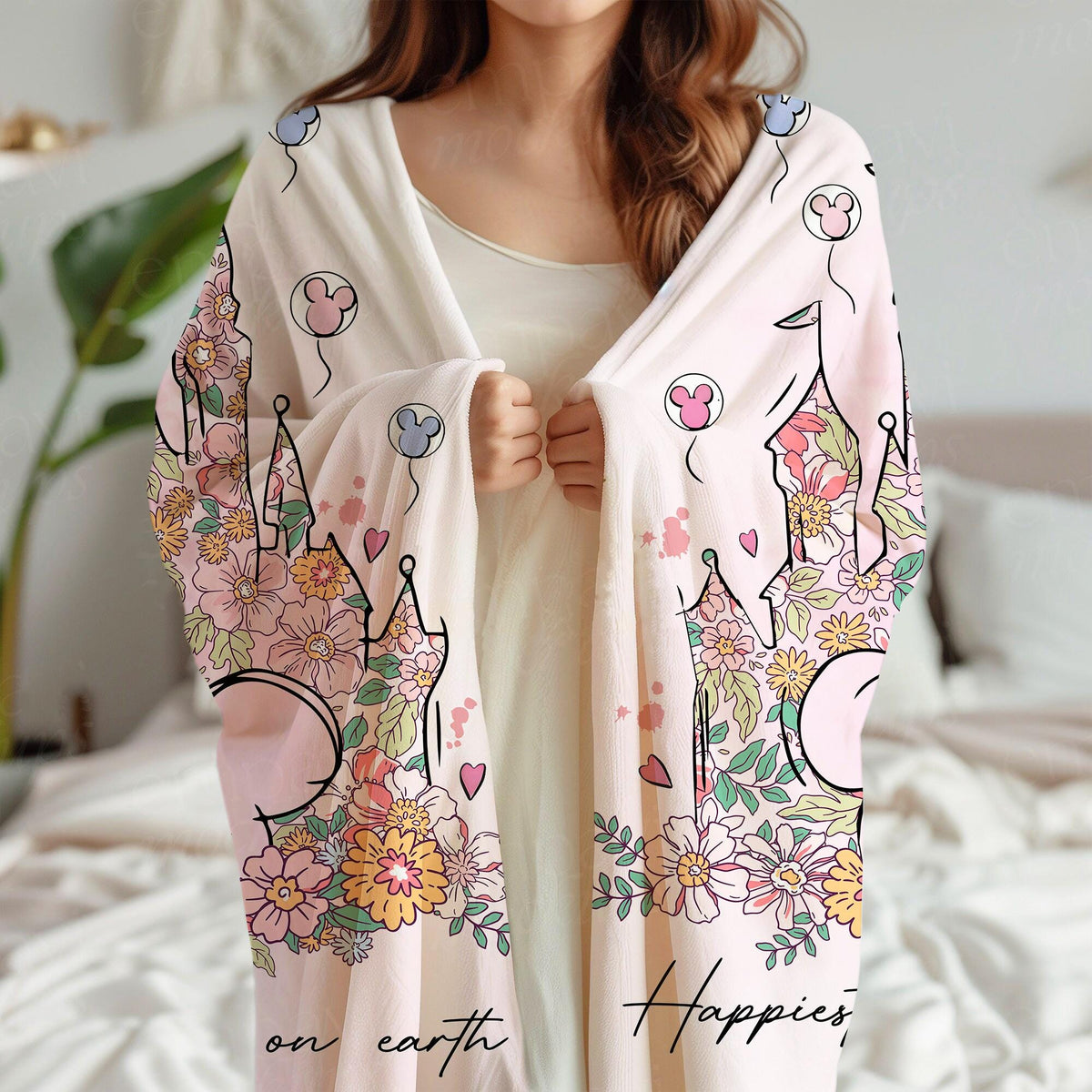 Personalized Happiest Place on Earth Blanket, Magic Kingdom Blanket, Disney Castle Floral Blanket, Birthday Girl Gifts, Magical Kingdom