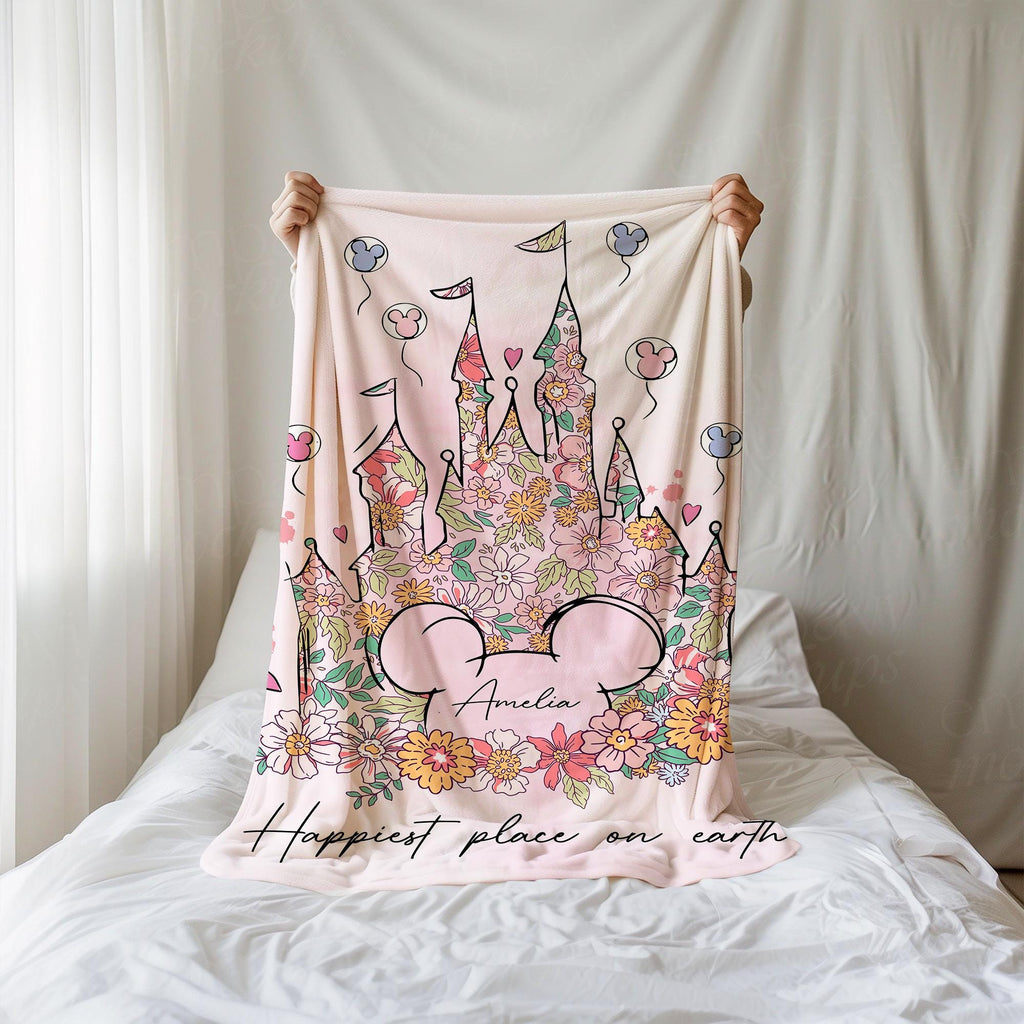 Personalized Happiest Place on Earth Blanket, Magic Kingdom Blanket, Disney Castle Floral Blanket, Birthday Girl Gifts, Magical Kingdom