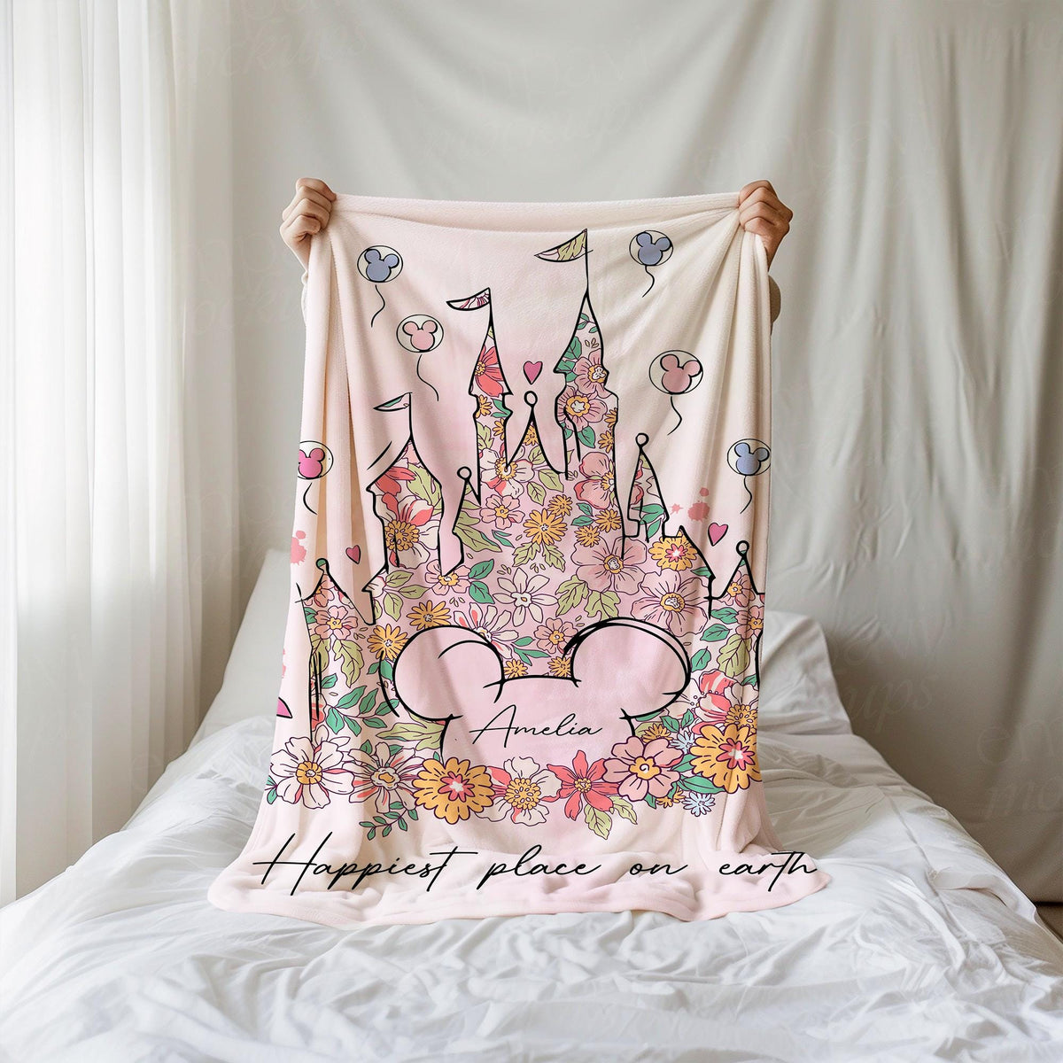 Personalized Happiest Place on Earth Blanket, Magic Kingdom Blanket, Disney Castle Floral Blanket, Birthday Girl Gifts, Magical Kingdom