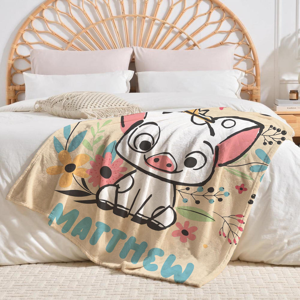 Personalized Moana Blankets, Pua And Hei Hei Blanket, Floral Moana Blanket, Pua Blanket, Birthday Boy Girl Gifts, Kids Name Blanket