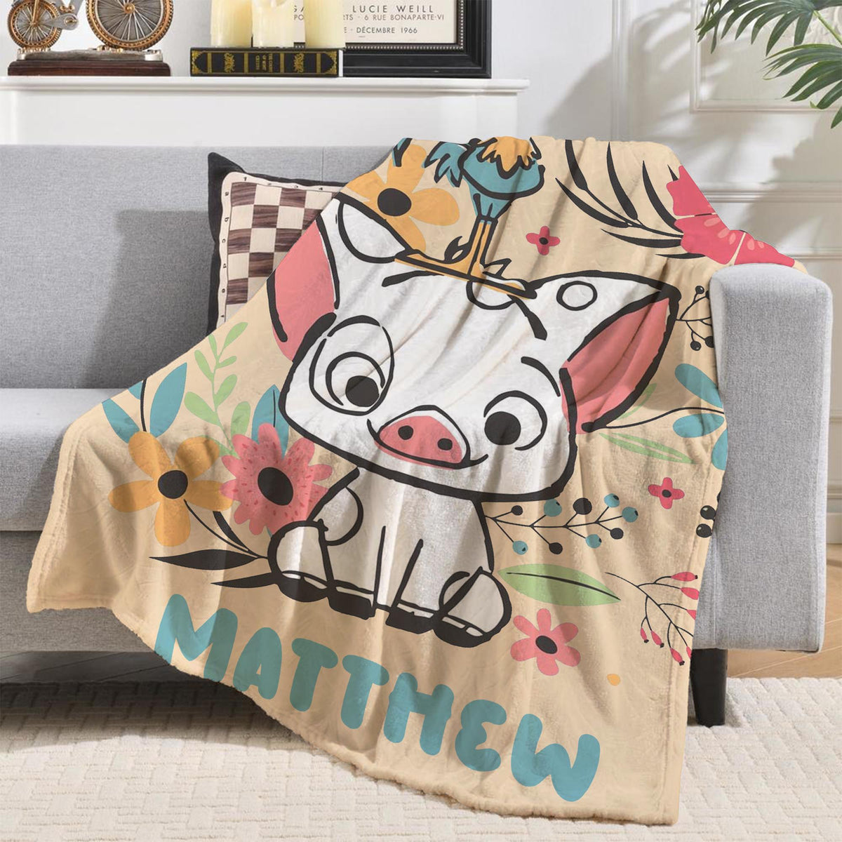 Personalized Moana Blankets, Pua And Hei Hei Blanket, Floral Moana Blanket, Pua Blanket, Birthday Boy Girl Gifts, Kids Name Blanket