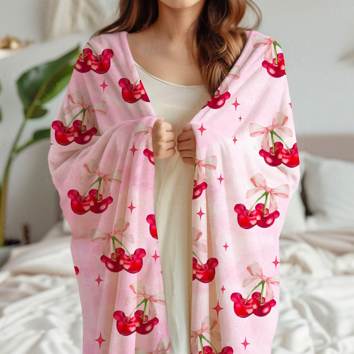 Coquette Bow Mickey Cherry Blanket, Cherries Mouse Blanket, WDW Disneyland Birthday Girls Blanket, Girly aesthetic Throw, Gift For Her