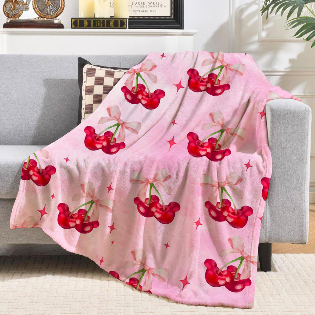 Coquette Bow Mickey Cherry Blanket, Cherries Mouse Blanket, WDW Disneyland Birthday Girls Blanket, Girly aesthetic Throw, Gift For Her