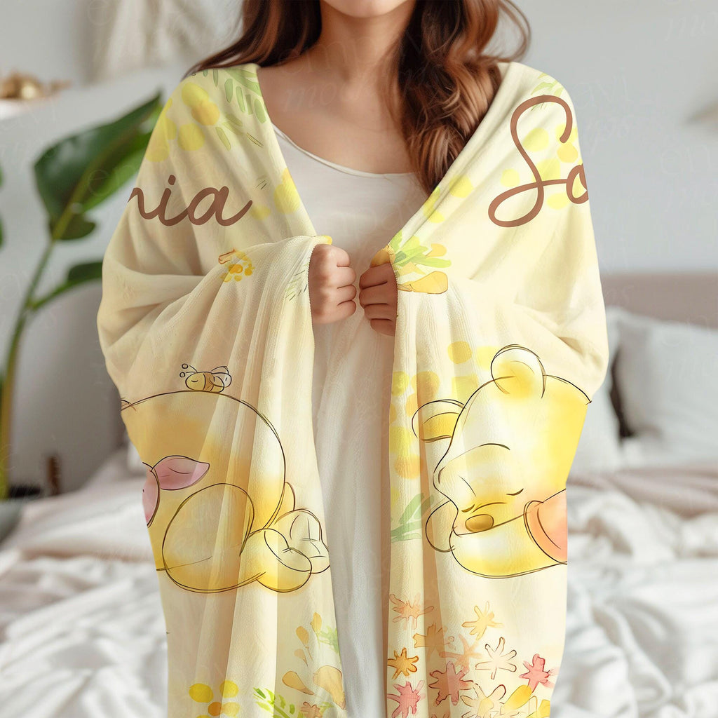 Personalized Classic Winnie The Pooh Blanket, Pooh and Piglet Blankets, Custom Kids Name gift, Pooh Birthday blankets, Baby Pooh Bear Throw
