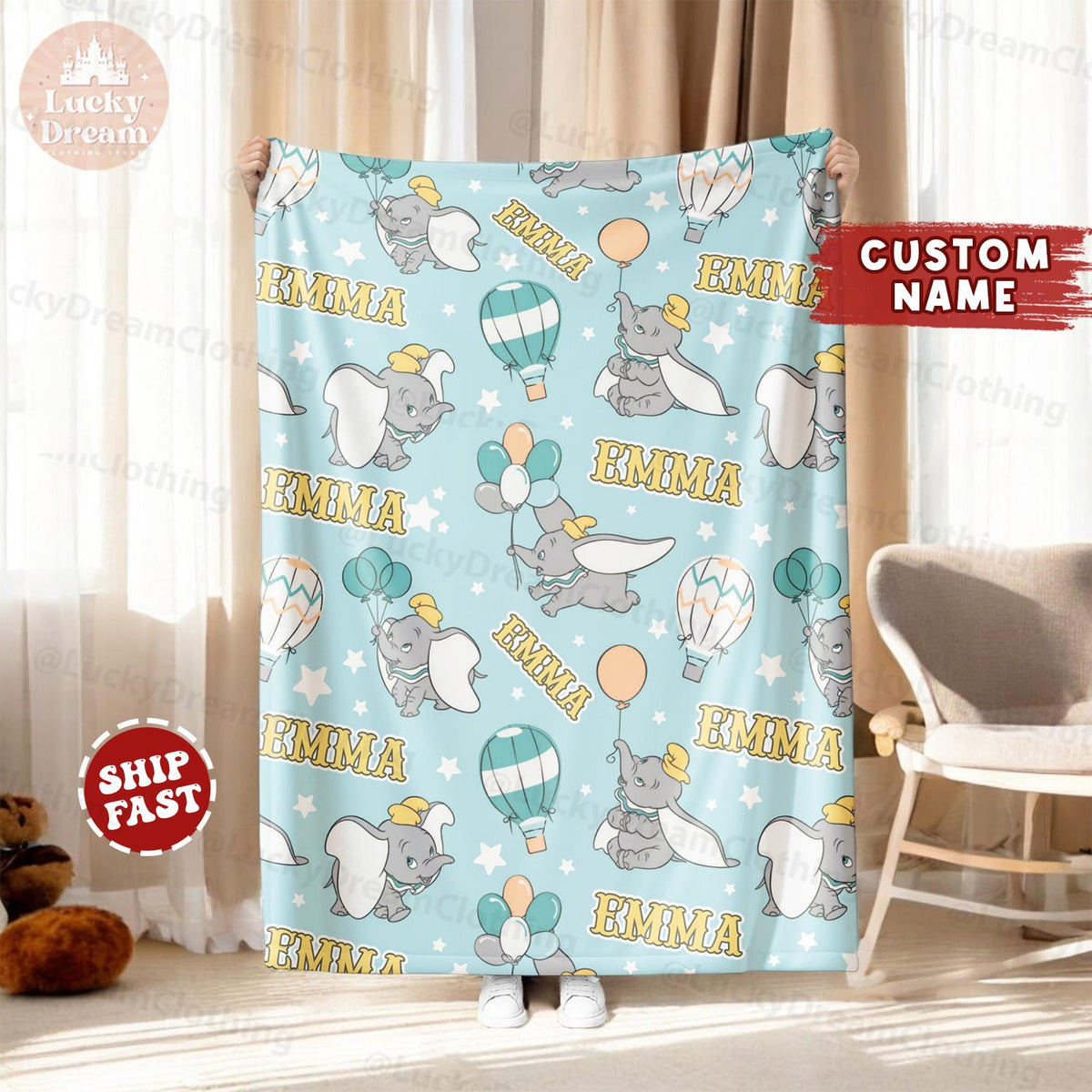 Custom Name Disney Baby Dumbo Blanket, Personalized Blanket Gift, Baby Dumbo Blanket, Cute Dumbo Flying Elephant Birthday Boy Girl Gifts
