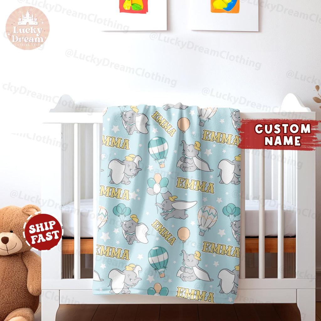 Custom Name Disney Baby Dumbo Blanket, Personalized Blanket Gift, Baby Dumbo Blanket, Cute Dumbo Flying Elephant Birthday Boy Girl Gifts