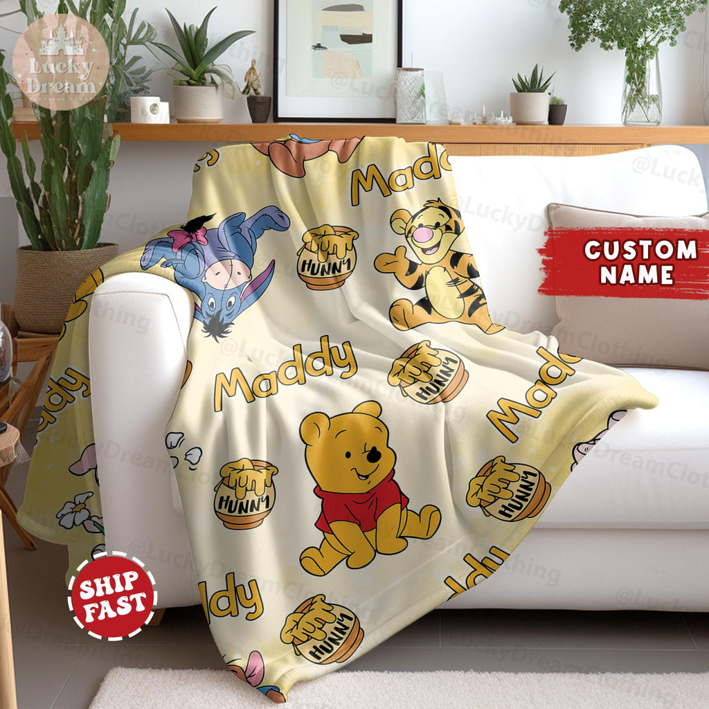 Custom Winnie The Pooh Baby Blanket, Disney Pooh Bear And Friends Blanket, Gift For Boys And Girls, Name Blanket Home Decor, Name Blanket
