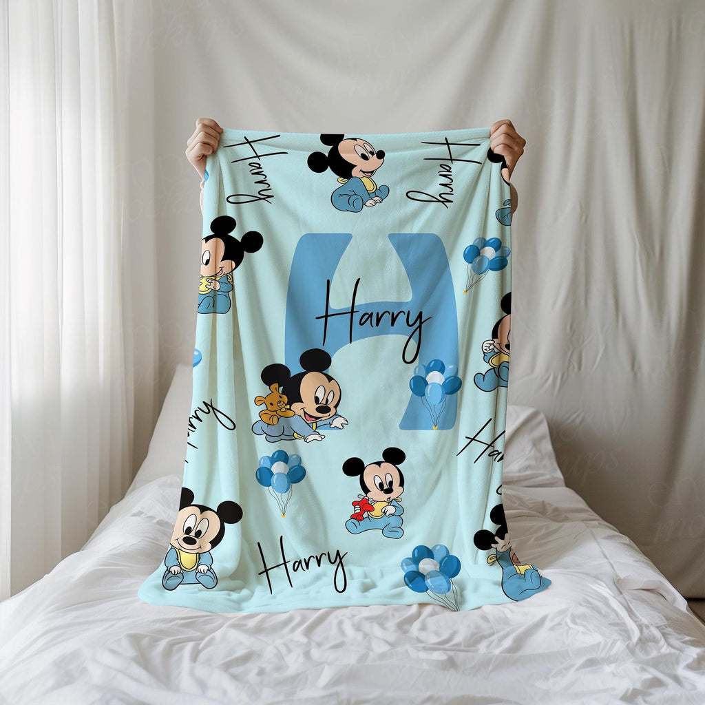 Personalized Baby Mickey Blanket, Custom Name Mikey Blanket, Mickey Mouse Blankets, Nursery Blanket, Blue Gender Neutral, Baby Shower Gift