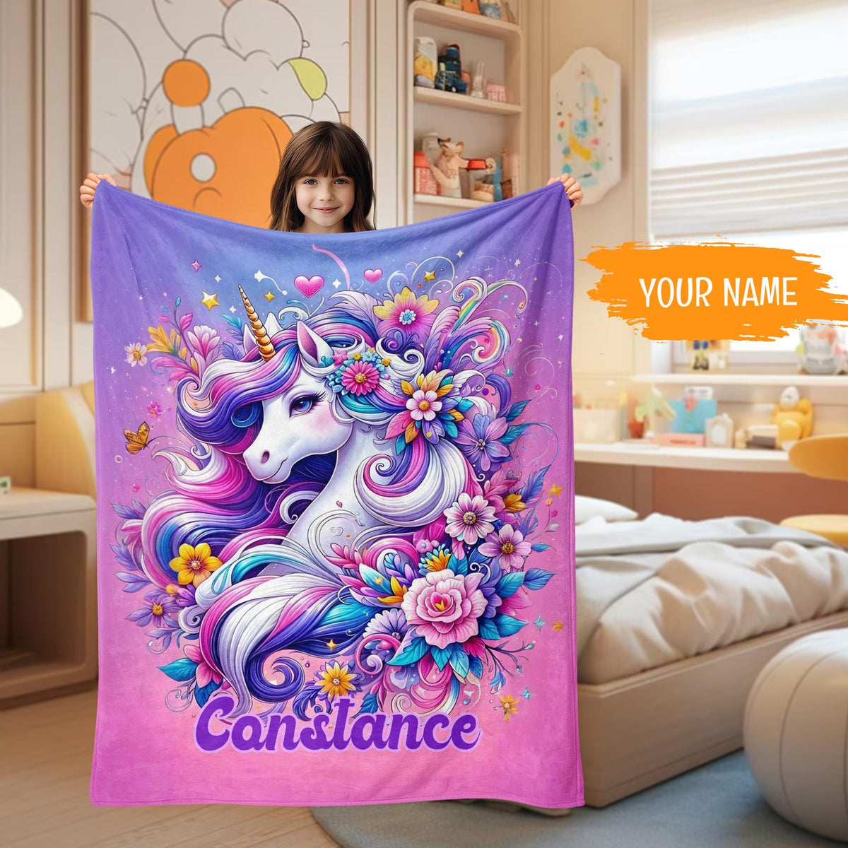 Personalized Purple Unicorn Blanket , Custom Name Kids Throw , Soft Magical Toddler Blanket Gift for Girls, Magical Kids Gift