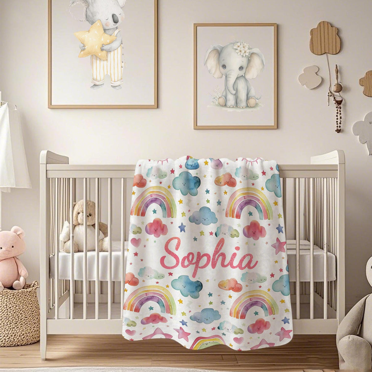 Personalized Rainbow Cloud Blanket, Custom Name Kids Blanket, Soft Dreamy Toddler Throw, Birthday Gift, Christmas Gift for Girls & Boys