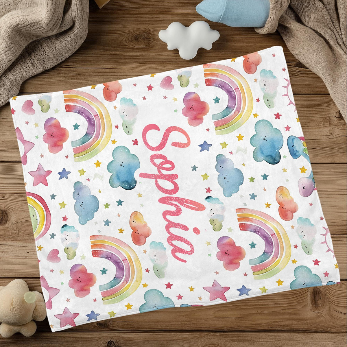 Personalized Rainbow Cloud Blanket, Custom Name Kids Blanket, Soft Dreamy Toddler Throw, Birthday Gift, Christmas Gift for Girls & Boys