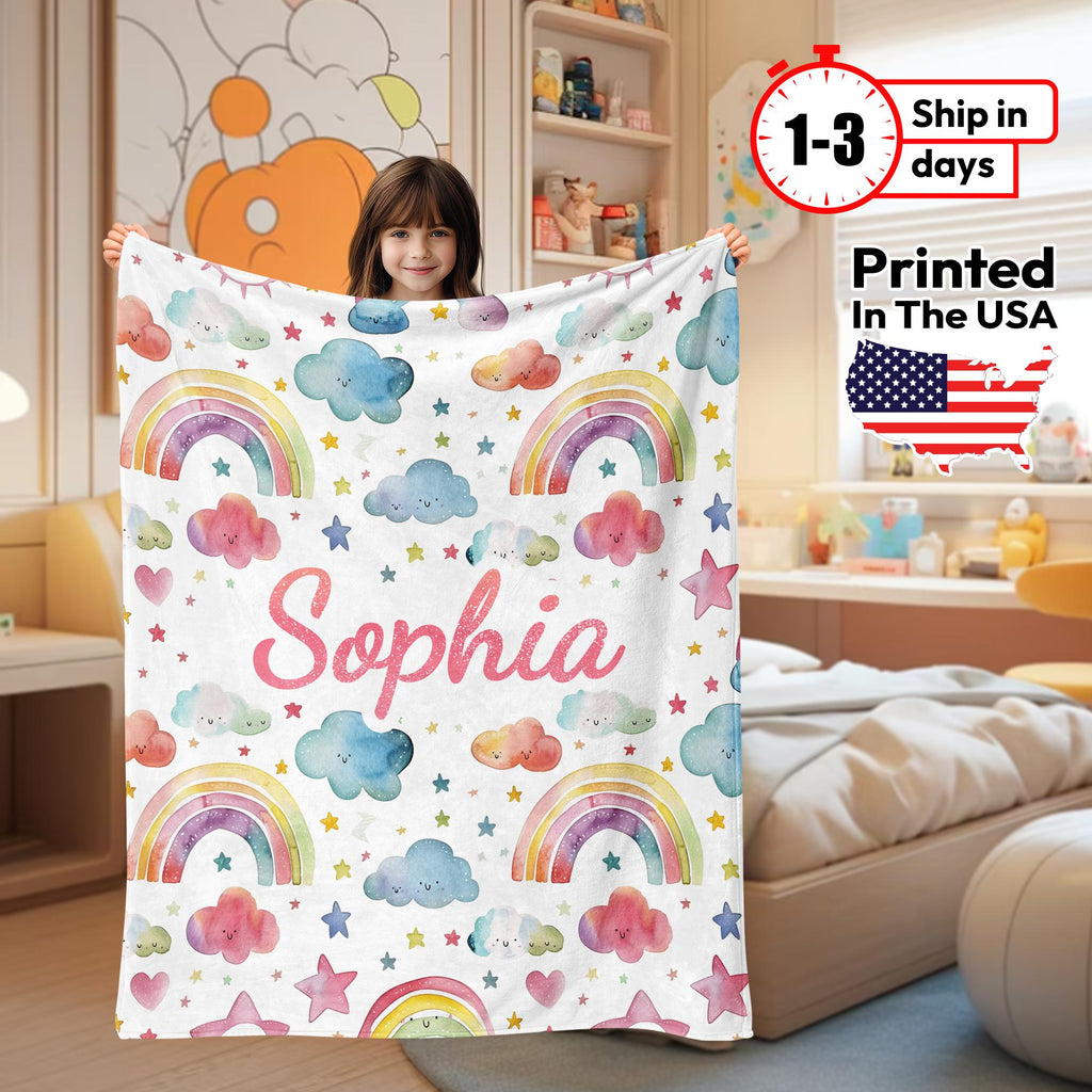 Personalized Rainbow Cloud Blanket, Custom Name Kids Blanket, Soft Dreamy Toddler Throw, Birthday Gift, Christmas Gift for Girls & Boys