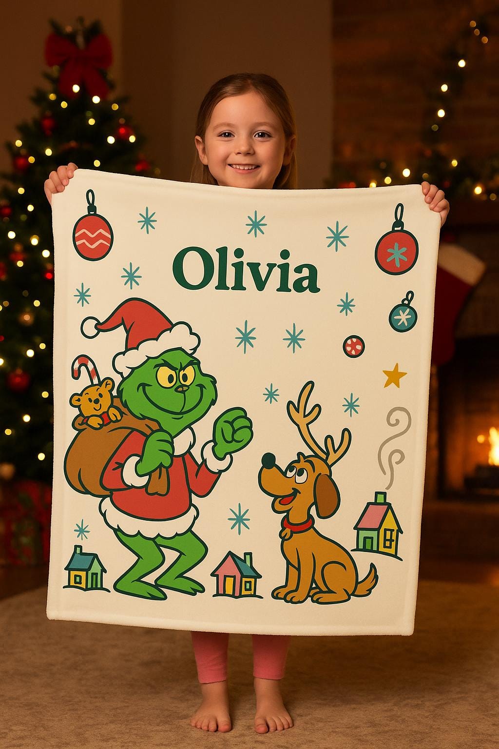 Personalized Grinch Christmas Blanket Custom Holiday Throw Fleece Minky Sherpa Kids Name Gift Cartoon Festive Decor Baby Toddler