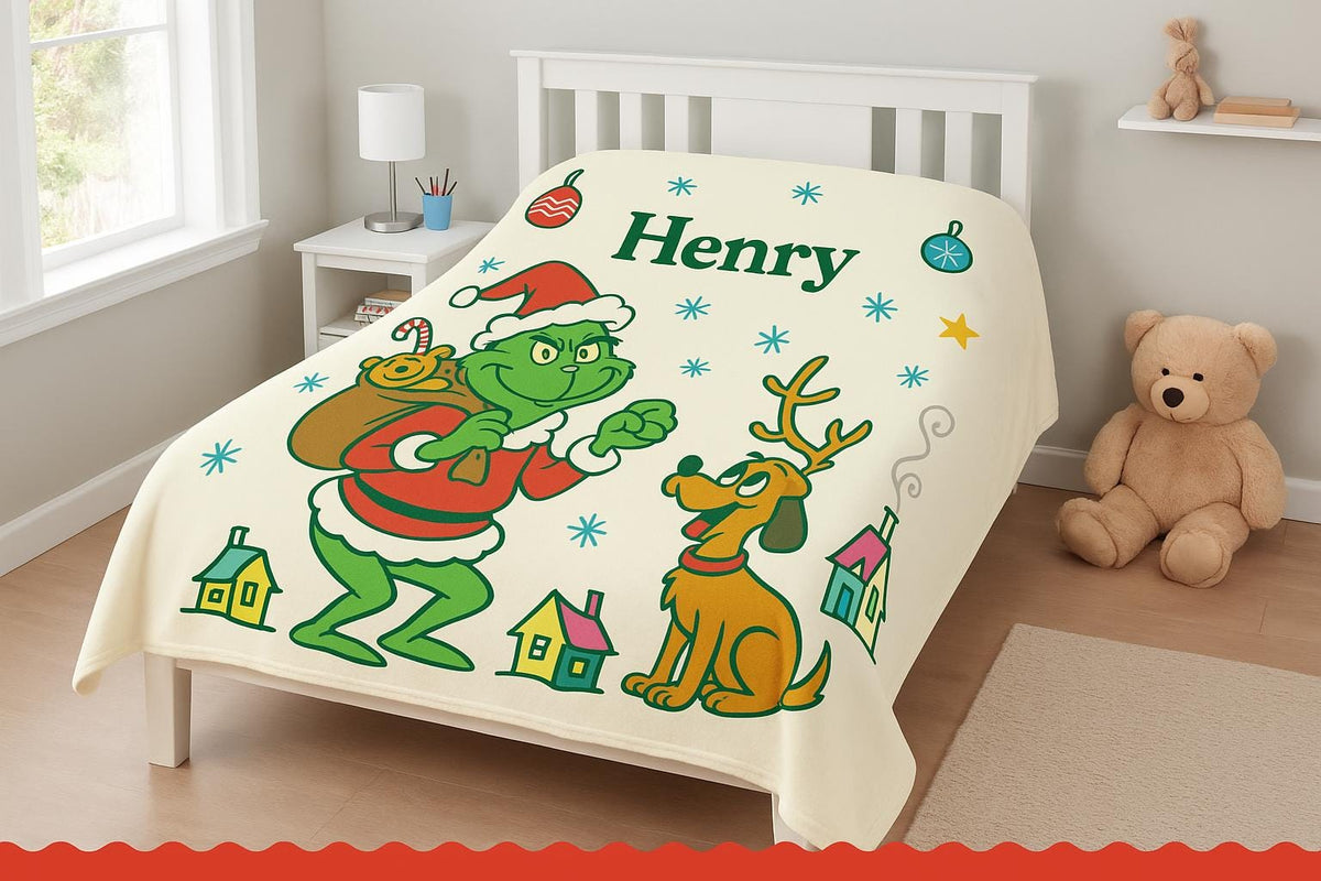 Personalized Grinch Christmas Blanket Custom Holiday Throw Fleece Minky Sherpa Kids Name Gift Cartoon Festive Decor Baby Toddler