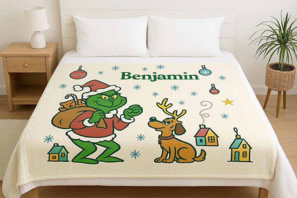 Personalized Grinch Christmas Blanket Custom Holiday Throw Fleece Minky Sherpa Kids Name Gift Cartoon Festive Decor Baby Toddler