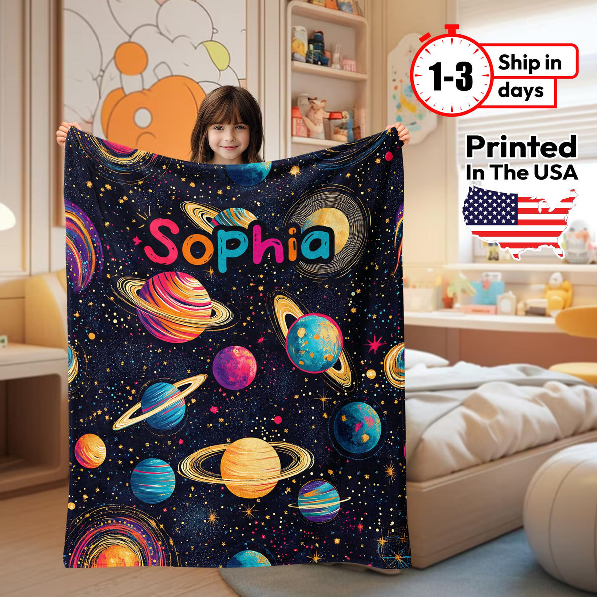 Custom Name Galaxy Blanket for Kids – Space & Planet Theme Throw, Astronaut Toddler Blanket, Personalized Boys Birthday Gift