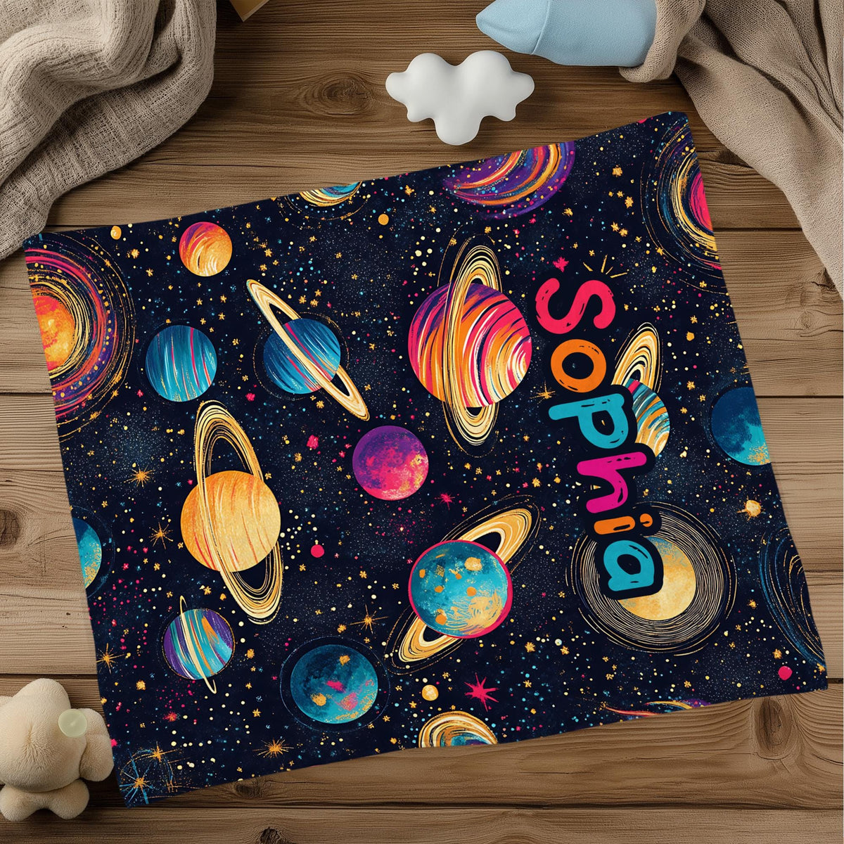 Custom Name Galaxy Blanket for Kids – Space & Planet Theme Throw, Astronaut Toddler Blanket, Personalized Boys Birthday Gift