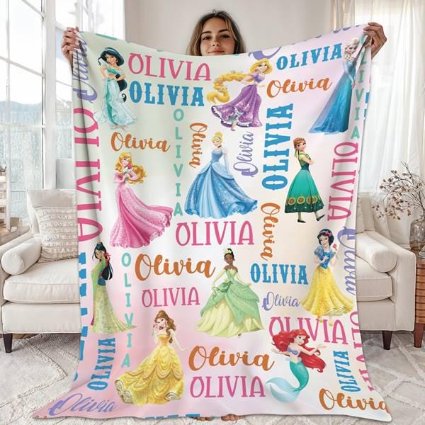 Personalized Watercolor Princess Blanket | Magic Kingdom Princess Throw Blanket Tiana Ariel Mulan Fleece Blanket