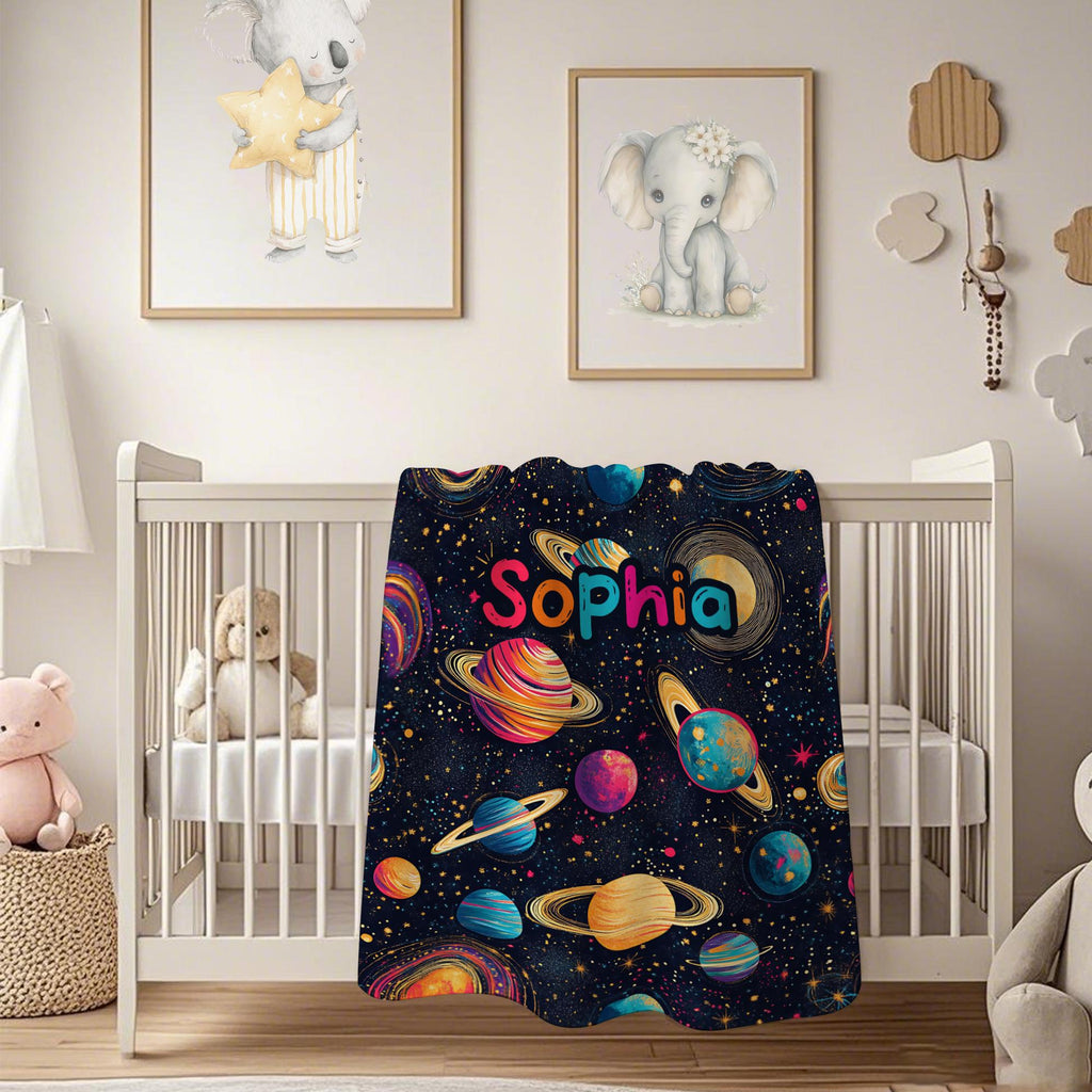 Custom Name Galaxy Blanket for Kids – Space & Planet Theme Throw, Astronaut Toddler Blanket, Personalized Boys Birthday Gift