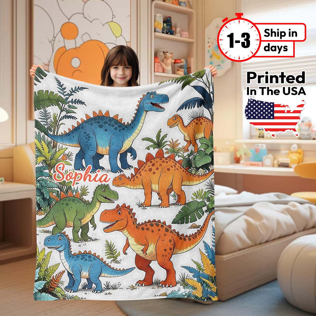 Custom Name T-Rex Blanket for Kids – Personalized Dinosaur Jungle Throw, Birthday or Christmas Gift, Soft Blanket for Dino Lovers
