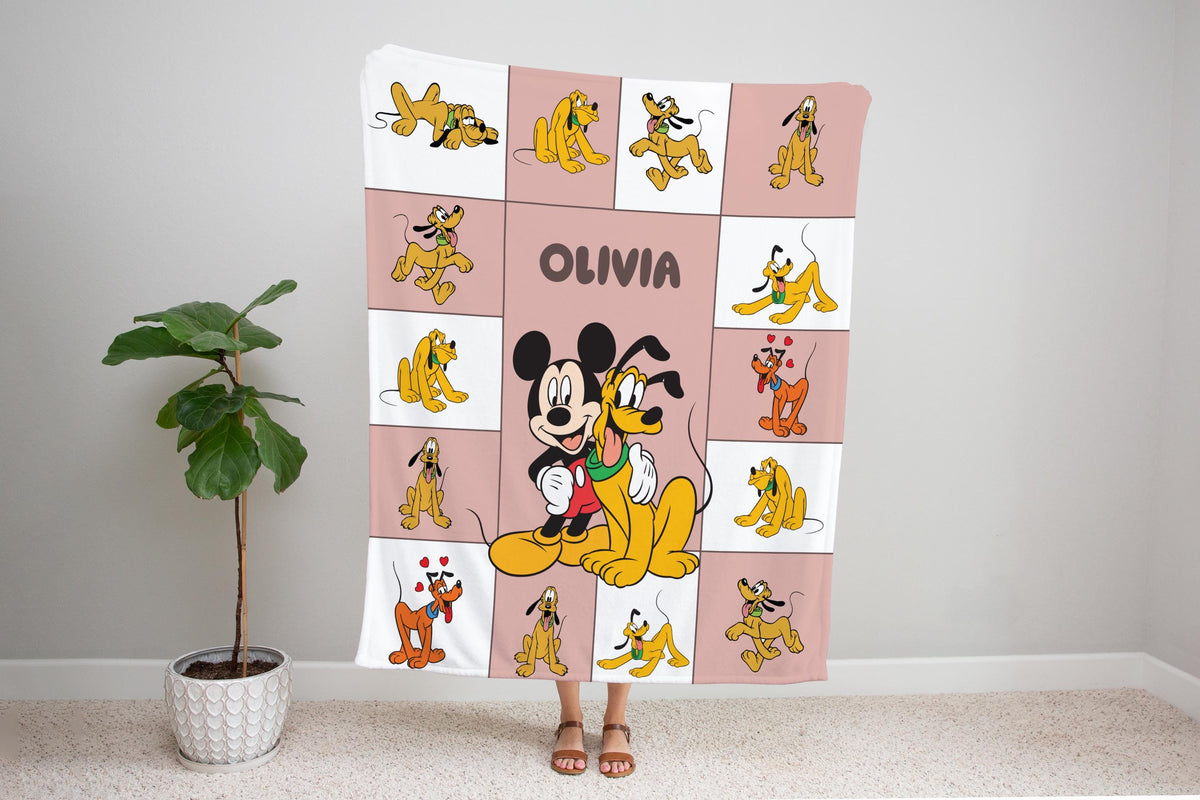 Personalized Mickey Mouse Pluto Blanket, Custom Name Kids Throw, Baby Boy Girl Gift, Cute Cartoon Toddler Nursery Bedding, Custom Blanket