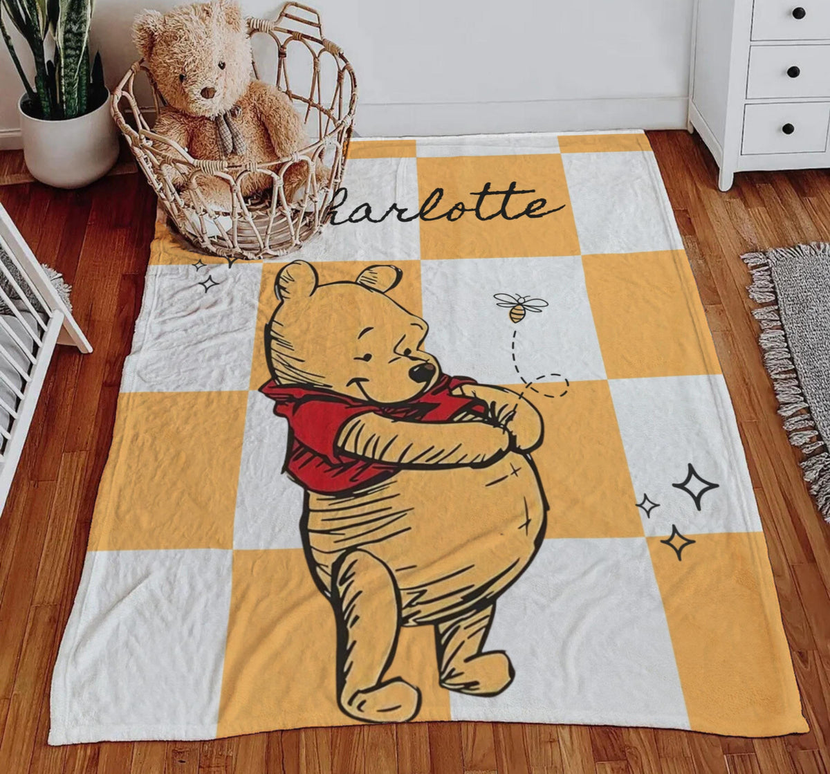 Personalized Winnie The Pooh Kids Blanket, Bear Theme Nursery Decor, Custom Winnie the Bear Throw, Soft Baby