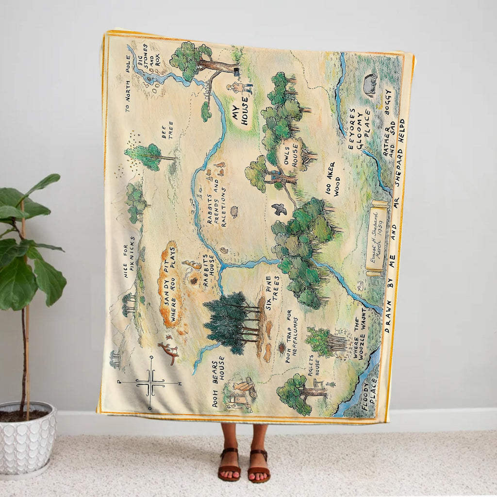 Winnie The Pooh Blanket, Hundred Acre Wood Fantasy Map Plush Blankets, Pooh Bear Blanket for Kids, Winnie The Pooh Baby Blanket Fleece