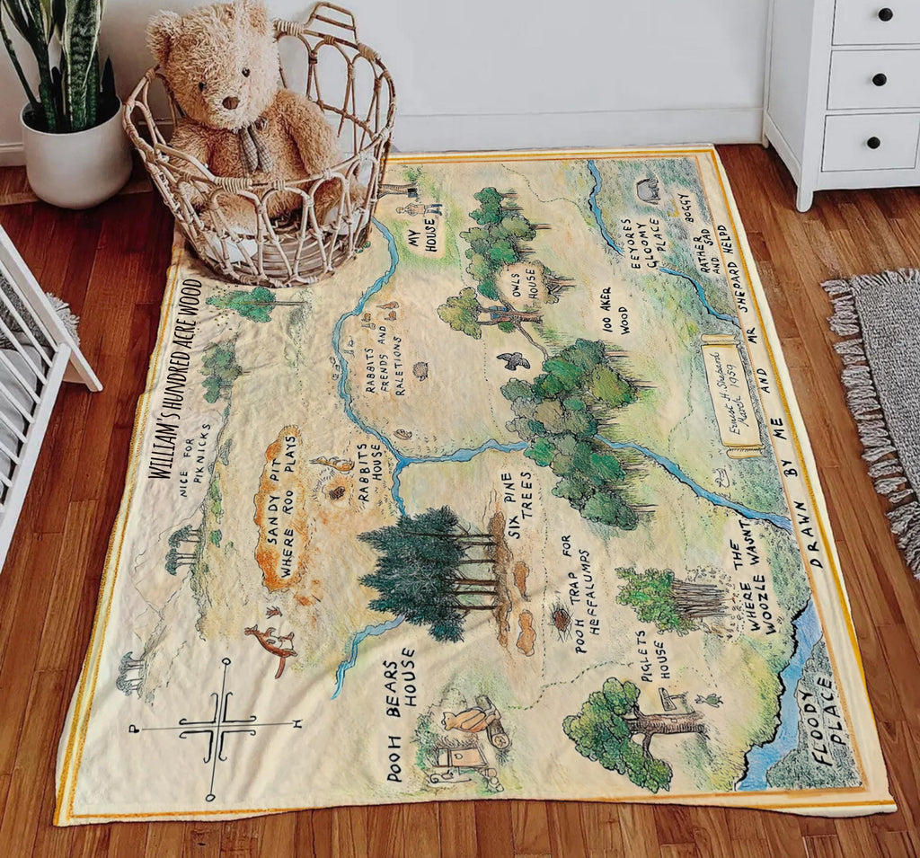 Winnie The Pooh Blanket, Hundred Acre Wood Fantasy Map Plush Blankets, Pooh Bear Blanket for Kids, Winnie The Pooh Baby Blanket Fleece