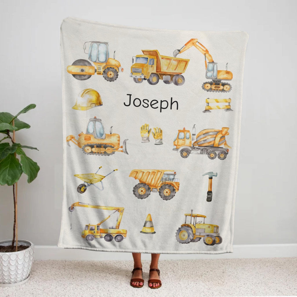 Personalized Construction Trucks Baby Blanket, Custom Name Fleece Blanket for Babies, Cartoon Trucks Themed Blanket Nursery