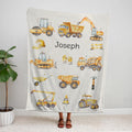 Personalized Construction Trucks Baby Blanket, Custom Name Fleece Blanket for Babies, Cartoon Trucks Themed Blanket Nursery