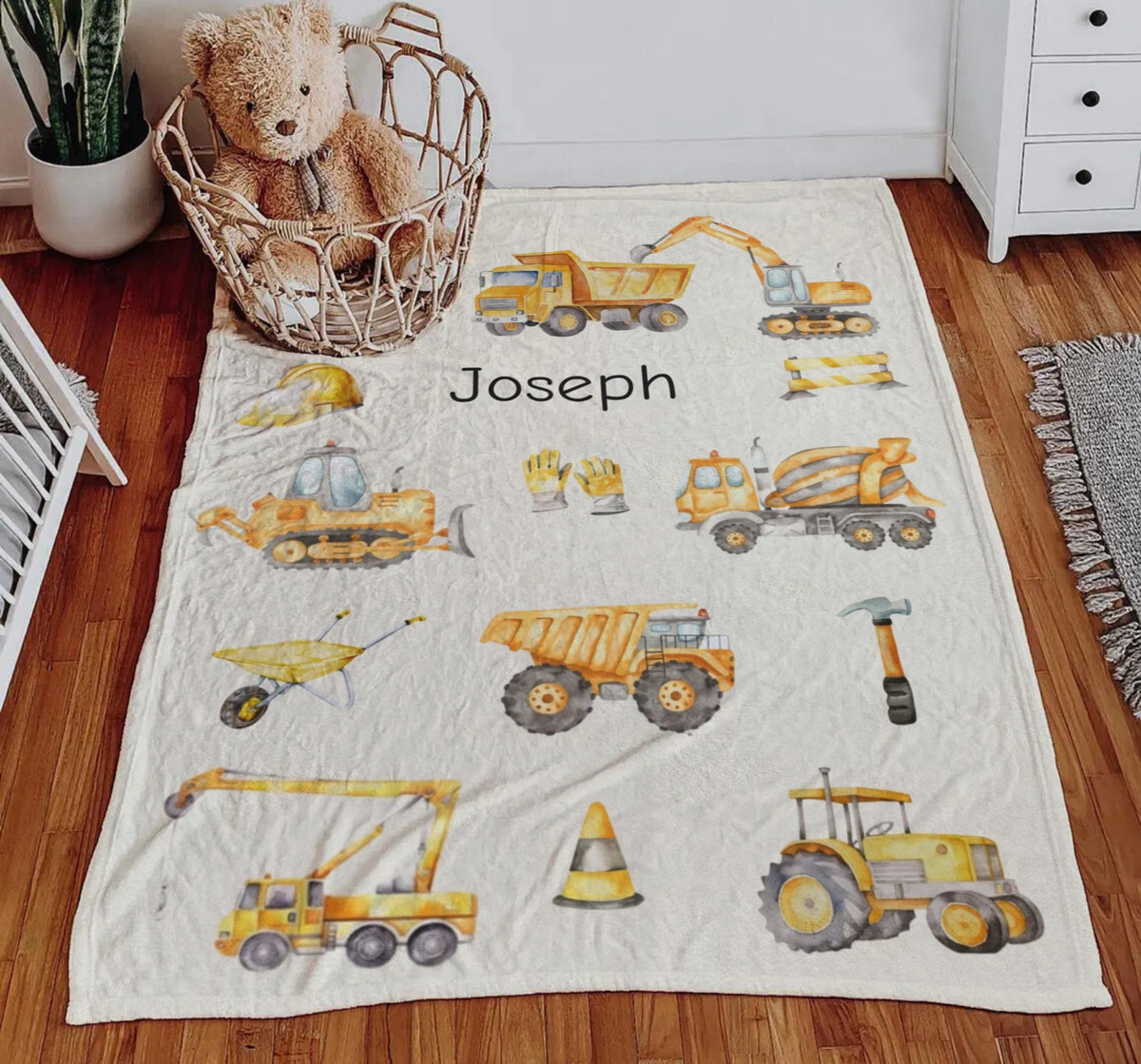 Personalized Construction Trucks Baby Blanket, Custom Name Fleece Blanket for Babies, Cartoon Trucks Themed Blanket Nursery