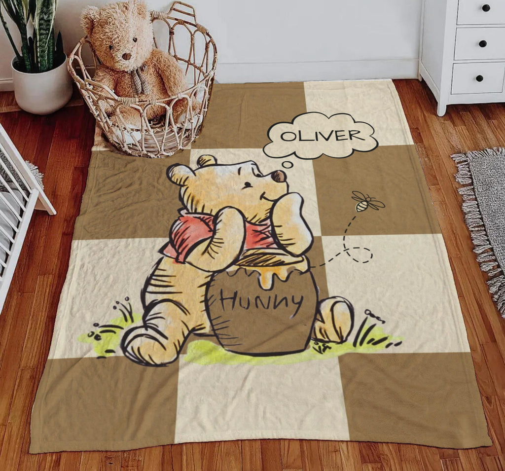 Custom Kid Name Winnie The Pooh Plush Blanket, Personalized Child Name Blanket, Baby Name on blanket, Winnie The Pooh Blanket for Baby