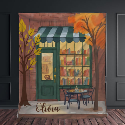 Autumn Book Lover Blanket, Personalized Name Blanket, Cozy Fall Reading Throw Book Cafe, Book Lovers Readers Gift, Booktok Fall Decor #233