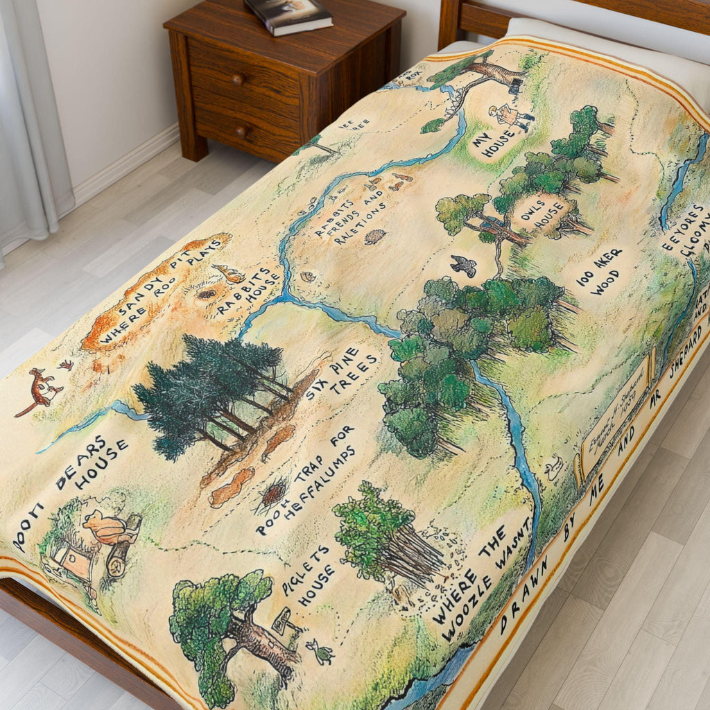 Winnie The Pooh Blanket, Hundred Acre Wood Fantasy Map Plush Blankets, Pooh Bear Blanket for Kids, Winnie The Pooh Baby Blanket Fleece