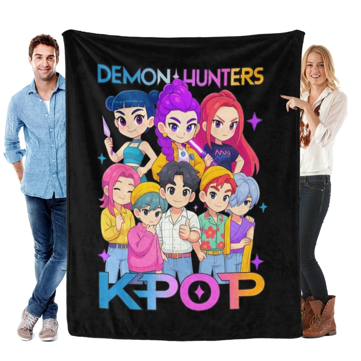 Huntrix K-Pop Demon Hunters Blanket,Xmas Kpop Fun Gifts,Soft Cozy Minky Sherpa Throw,Huntrix Rumi,Mira,Zoey Blanket,Kpop Demon Movie Blanket