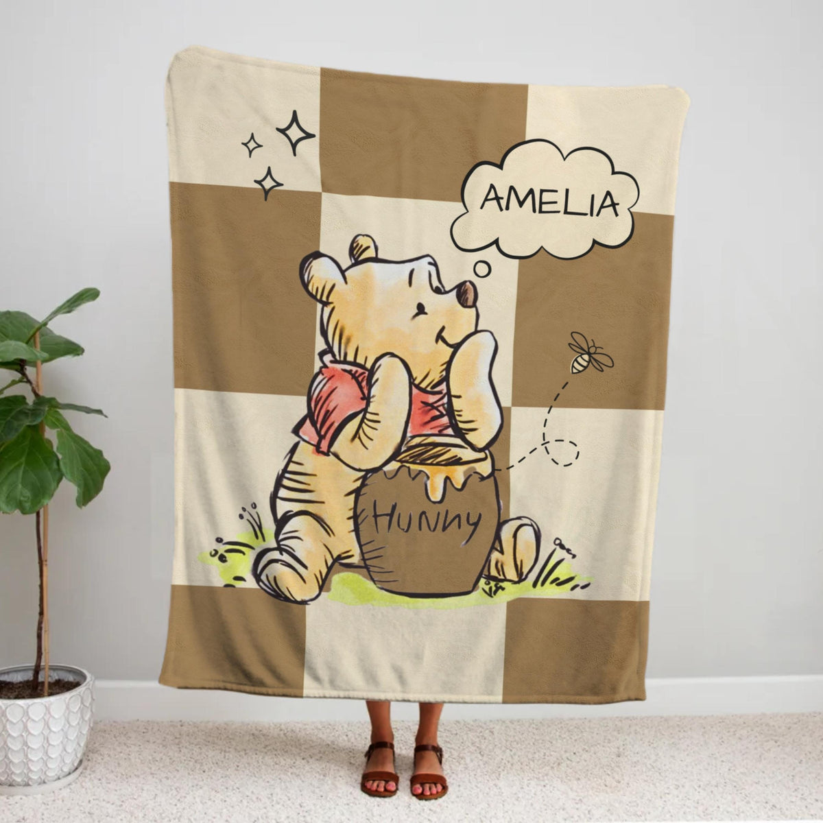 Custom Kid Name Winnie The Pooh Plush Blanket, Personalized Child Name Blanket, Baby Name on blanket, Winnie The Pooh Blanket for Baby