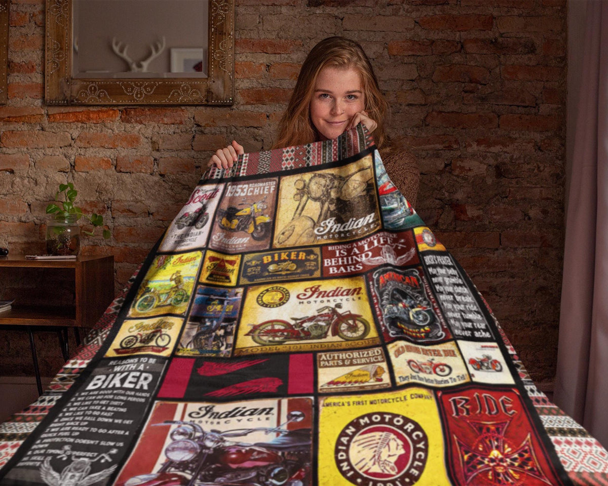 Vintage Indian Motorcycle Blanket, Biker Blanket, Motorbike Fleece Sherpa Blanket, American Motorcycle Blanket, Retro Motorcycle Blanket