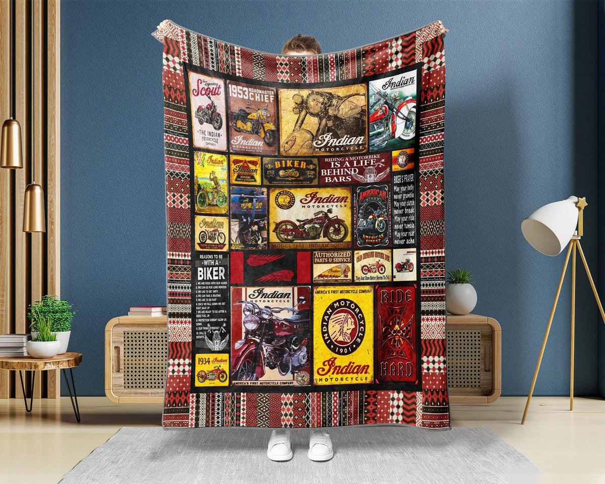 Vintage Indian Motorcycle Blanket, Biker Blanket, Motorbike Fleece Sherpa Blanket, American Motorcycle Blanket, Retro Motorcycle Blanket