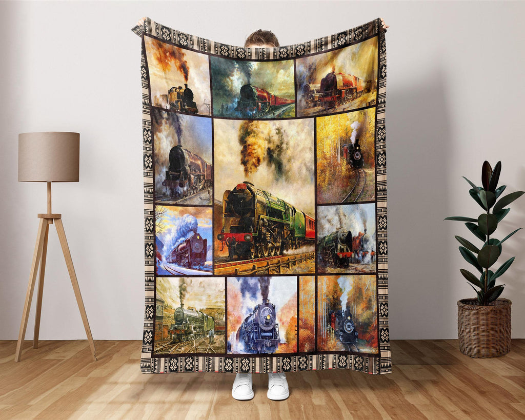Steam Locomotive Blanket, Vintage Train Fleece Blanket, Retro Train Blanket, Semi Locomotive Blanket, Railway Blanket, Transport Blanket