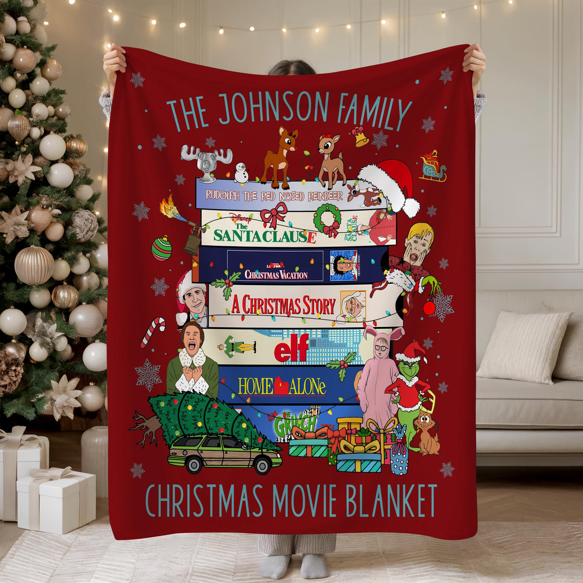 Personalized Christmas Movies Blanket, Funny Retro Holiday Family Throw with Classic 80s & 90s Film Theme, Cozy Christmas Movie Night Gift