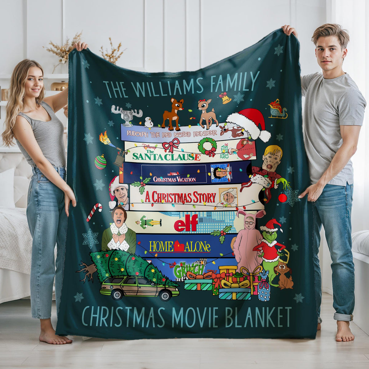 Personalized Christmas Movies Blanket, Funny Retro Holiday Family Throw with Classic 80s & 90s Film Theme, Cozy Christmas Movie Night Gift