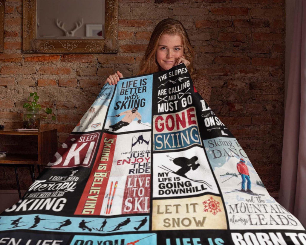 Skiing Blanket, Ski Fleece Sherpa Blanket, Skiing Life Blanket, Skiing Lover Gift, Skiing Mom Blanket, Winter Sport Blanket, Christmas Gifts