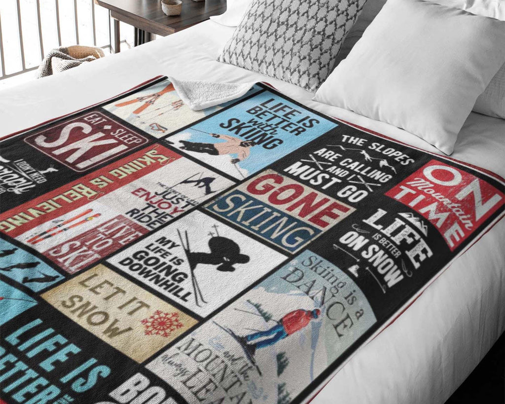 Skiing Blanket, Ski Fleece Sherpa Blanket, Skiing Life Blanket, Skiing Lover Gift, Skiing Mom Blanket, Winter Sport Blanket, Christmas Gifts