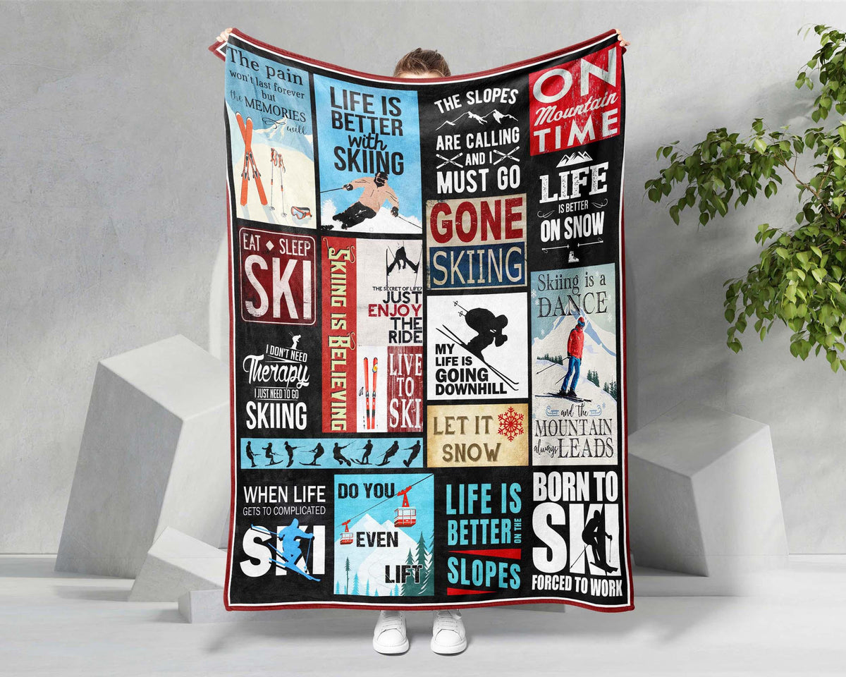 Skiing Blanket, Ski Fleece Sherpa Blanket, Skiing Life Blanket, Skiing Lover Gift, Skiing Mom Blanket, Winter Sport Blanket, Christmas Gifts