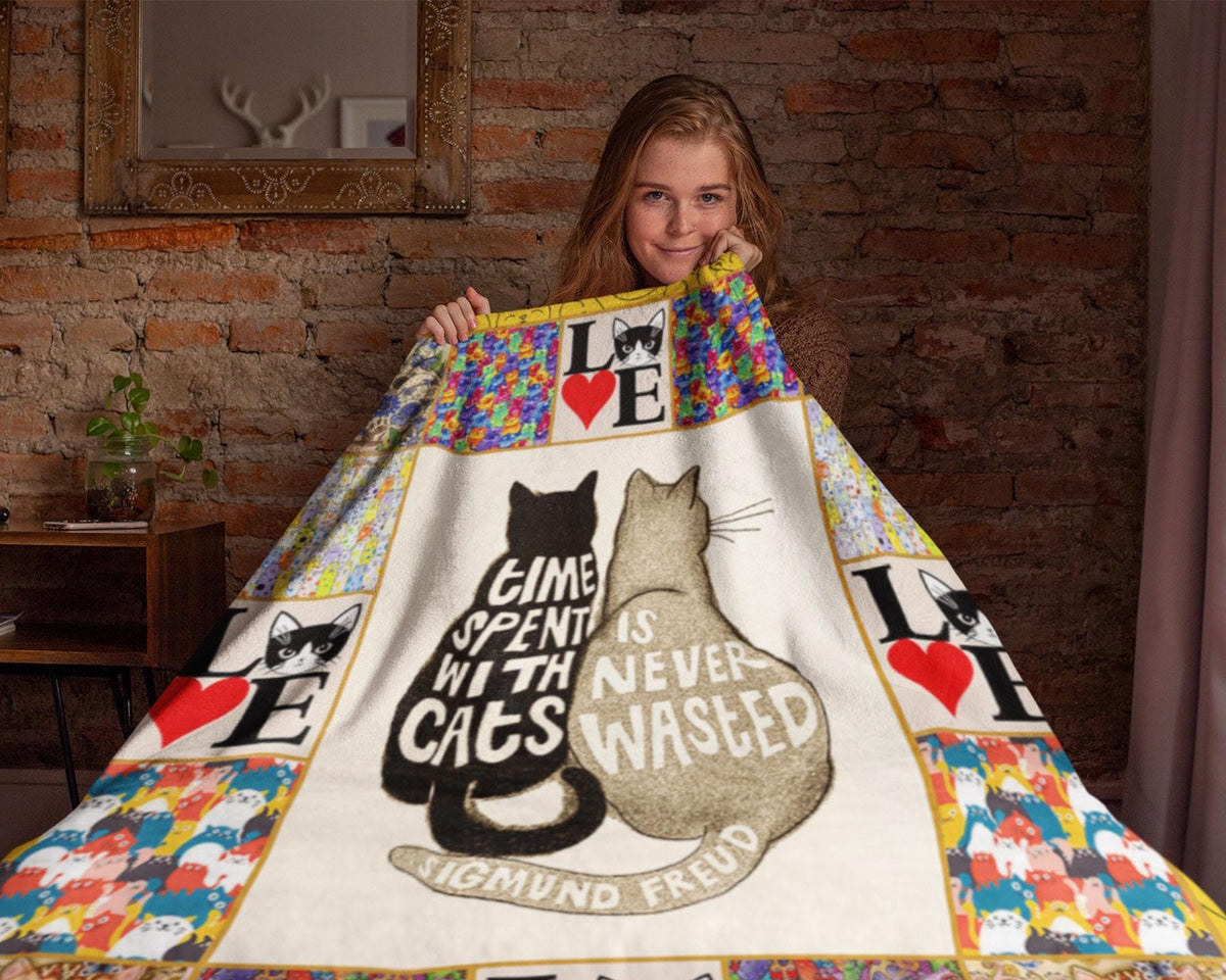 Time Spent With Cats Is Never Wasted Blanket, Funny Cats Blanket, Cute Cat Blanket, Cat Lover Blanket, Cat Mom Blanket, Cat Owner Blanket
