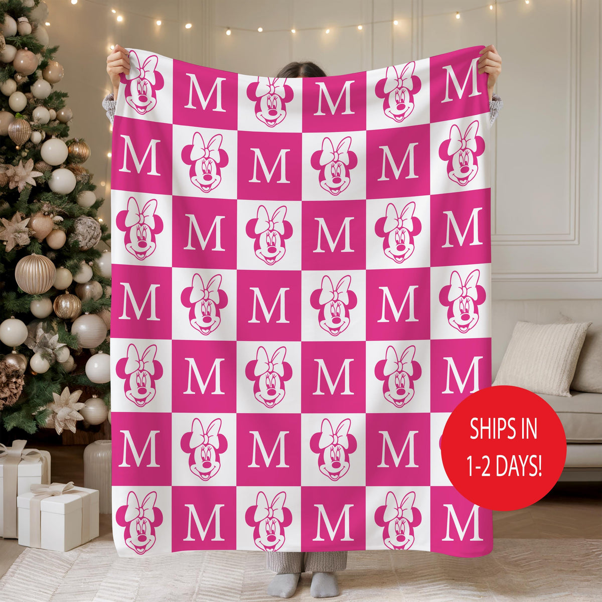 Custom Initial Name Disney Character Blanket, Checkered Mickey Minnie Kids Blanket, Personalized Cartoon Style Gift, Letter Monogram Throw
